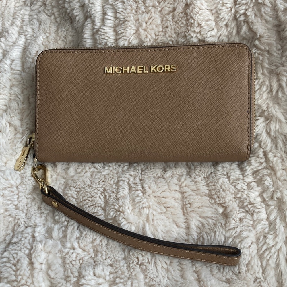 Michael Kors Brown Leather Wristlet with Gold Accents